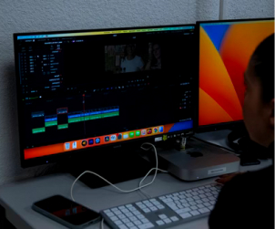 Une image représentant une étudiante de l'atelier devant les moniteurs affichant le logiciel Adobe Premiere Pro.